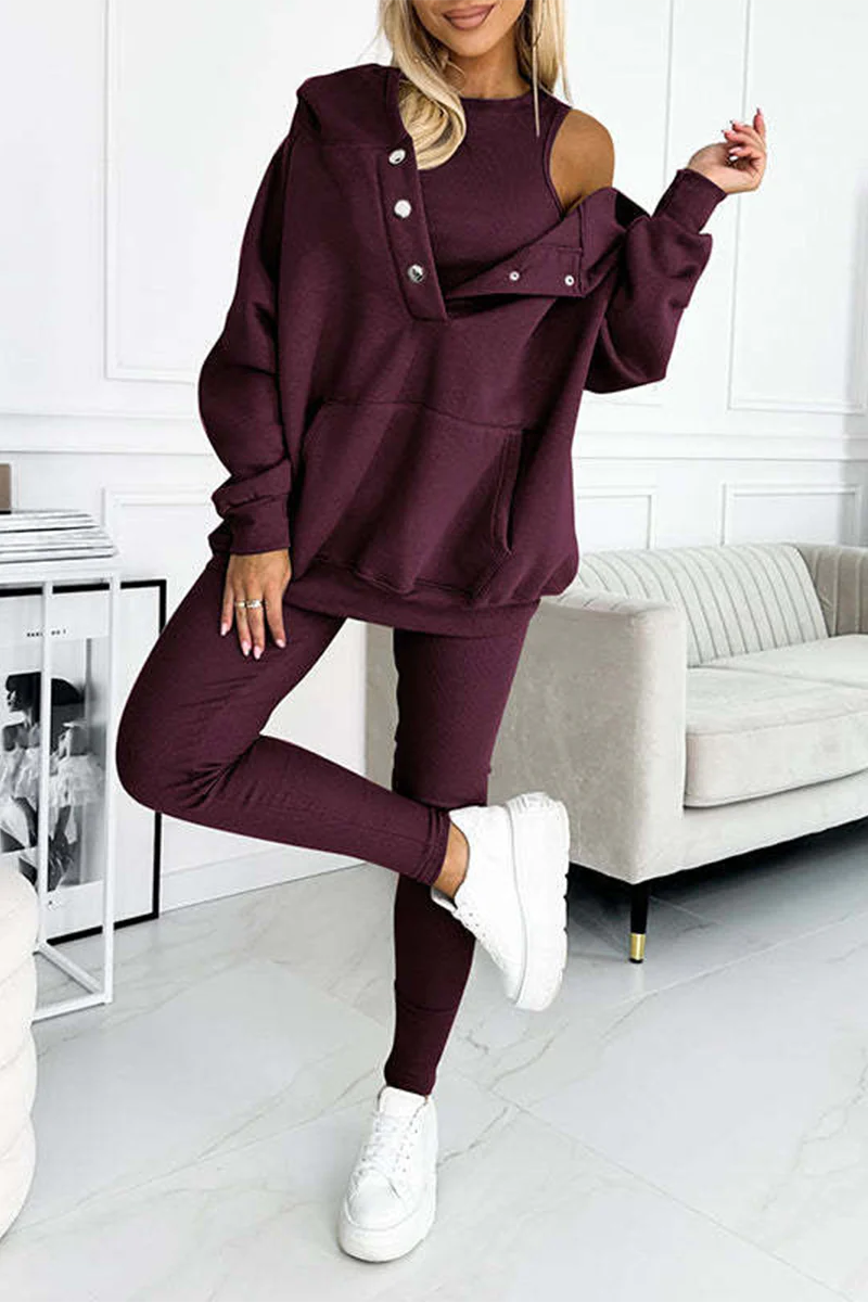 Casual Buttons Texture Hooded Long Sleeve Three Pieces(10 Colors) - Panekey