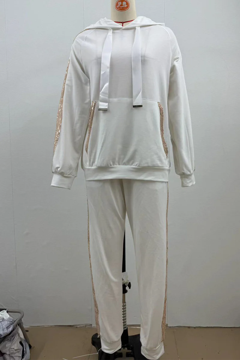 Casual Daily Sequins Draw String Pocket Hooded Long Sleeve Two Pieces(5 Colors) - Panekey