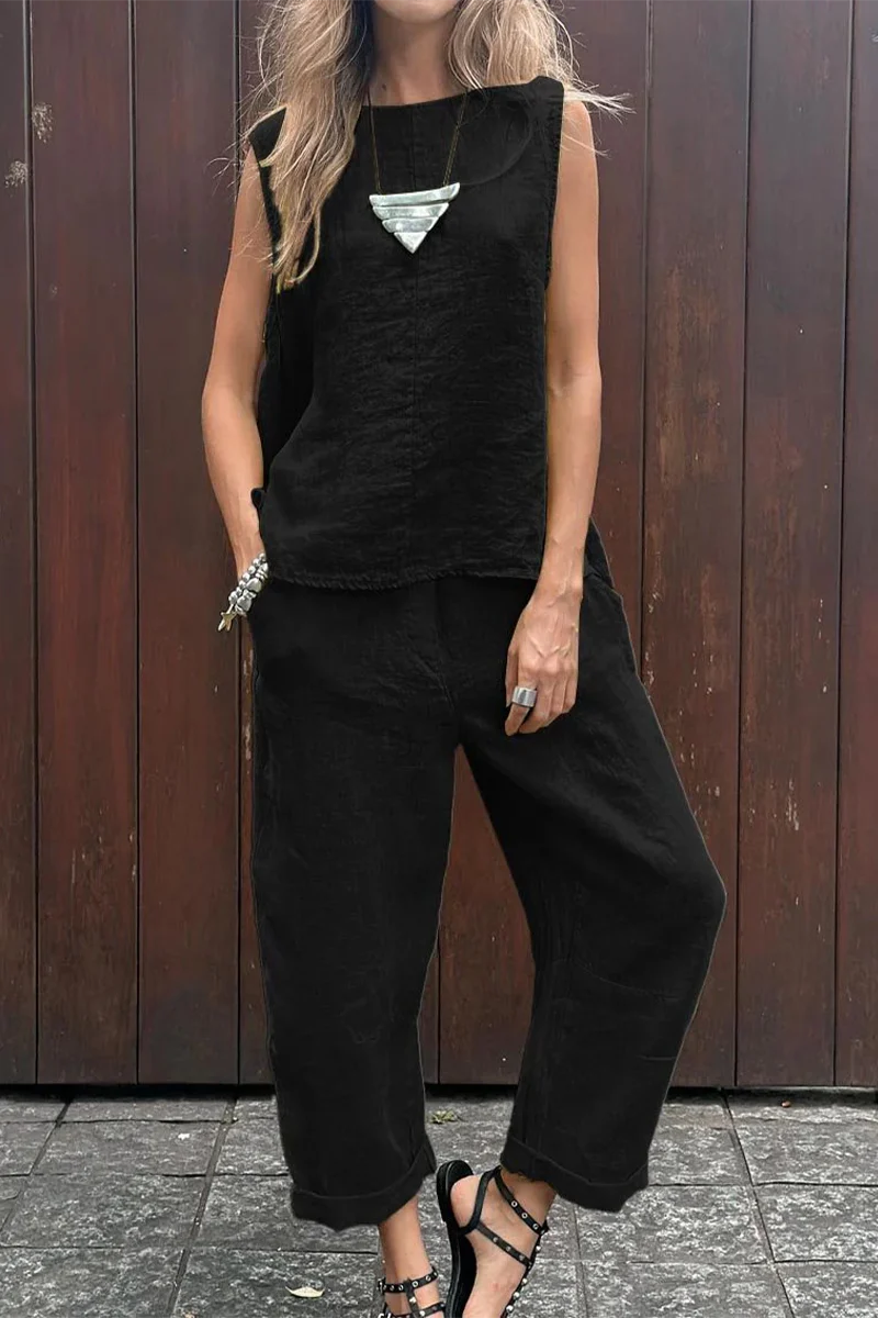 Casual Daily Solid Color Pocket O Neck Sleeveless Two Pieces(7 Colors) - Panekey