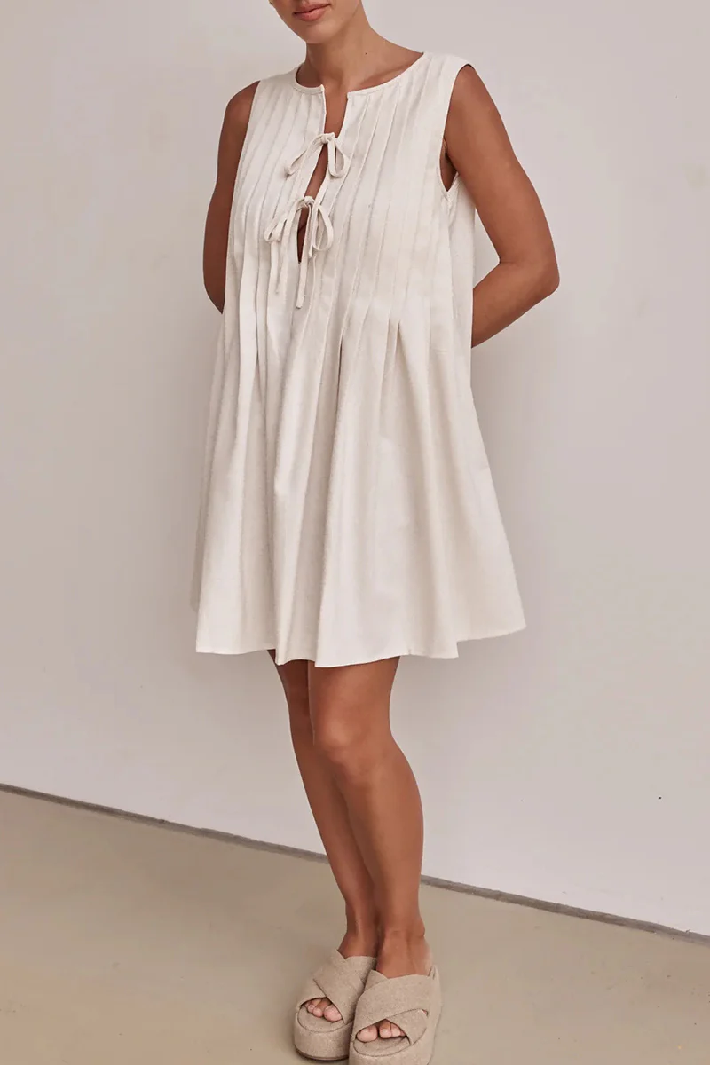 Casual Daily Lace Up Pleated O Neck Pleated Dresses(4 Colors) - Panekey