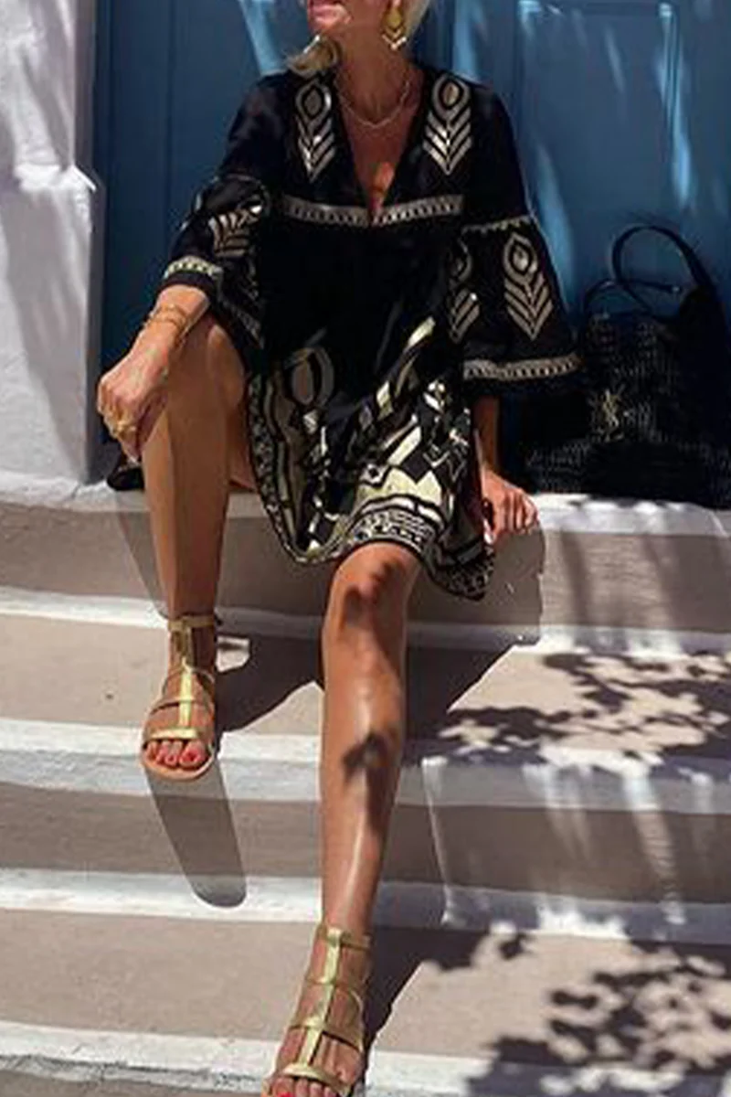 Casual Geometric Print V Neck A Line Dresses - Panekey