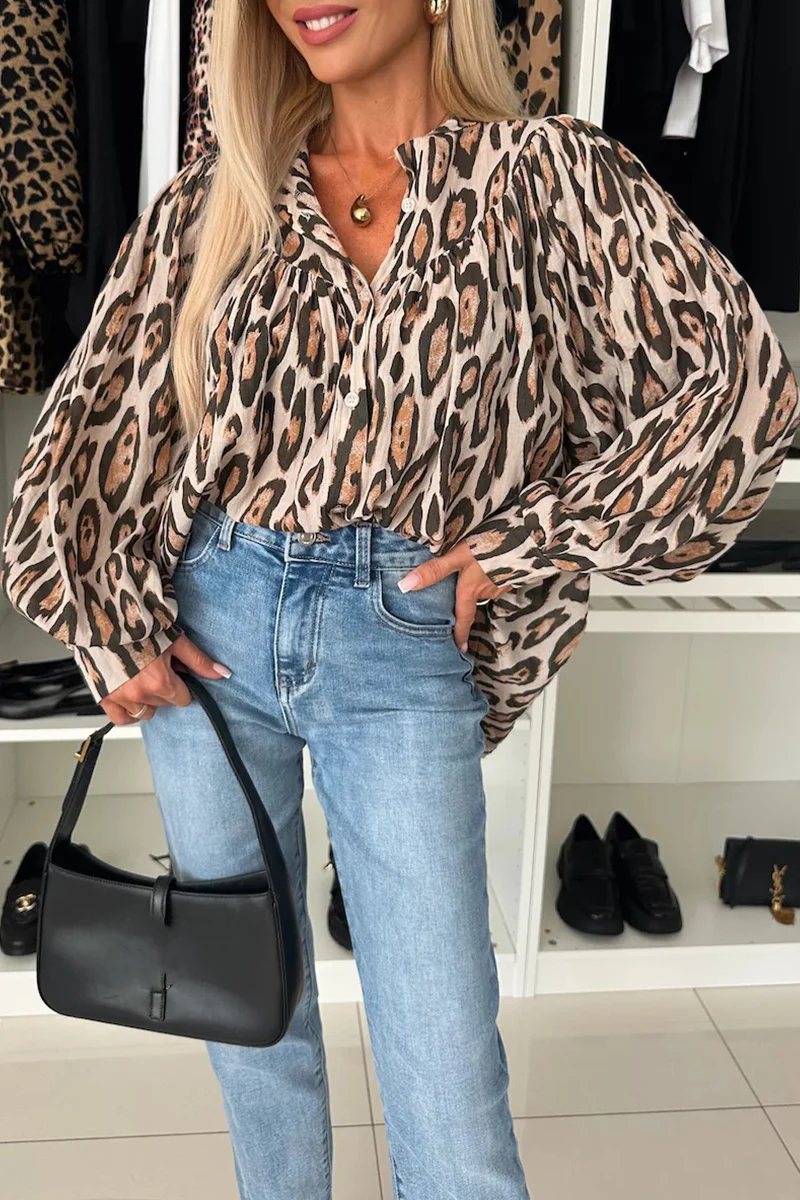 Casual Leopard Buttons Ruched O Neck Blouses - Panekey