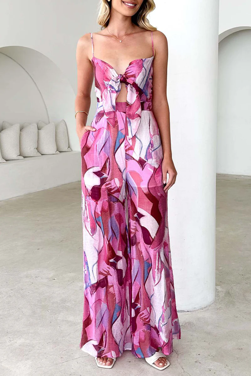 Casual Floral Print Pocket Contrast V Neck Loose Jumpsuits - Panekey