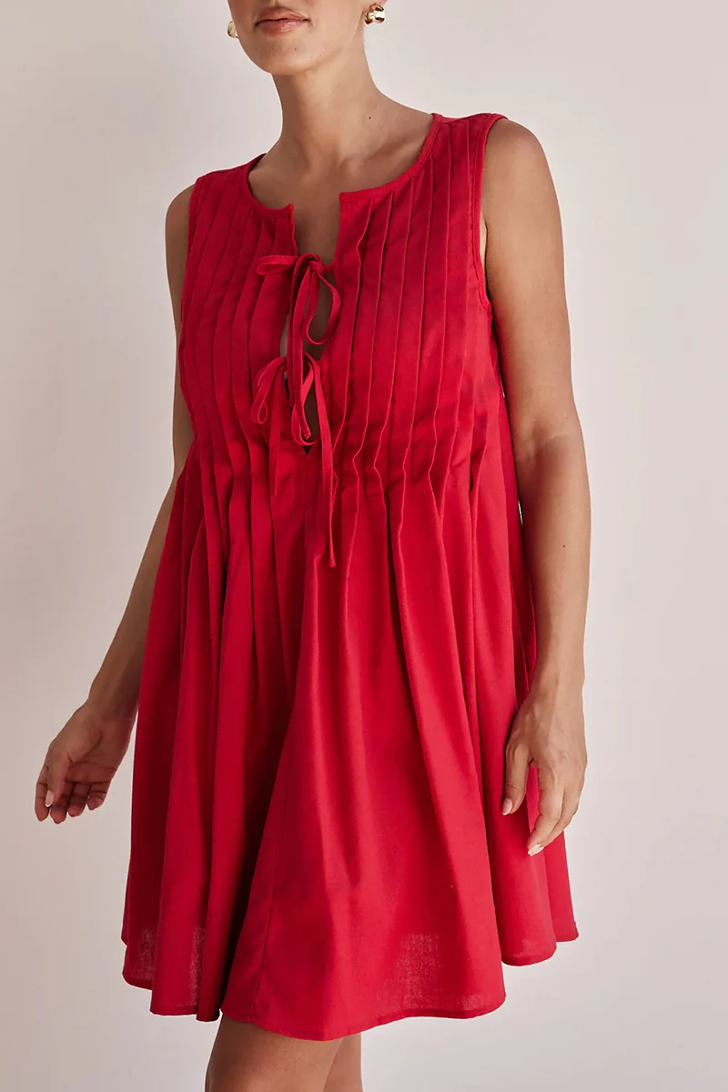 Casual Daily Lace Up Pleated O Neck Pleated Dresses(4 Colors) - Panekey