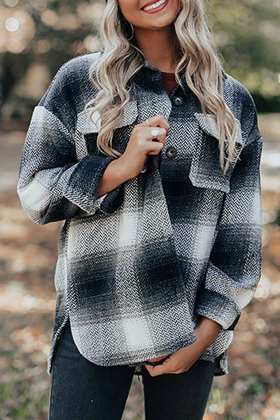 Casual Plaid Pocket Buckle Turndown Collar Outerwear(3 Colors) - Panekey