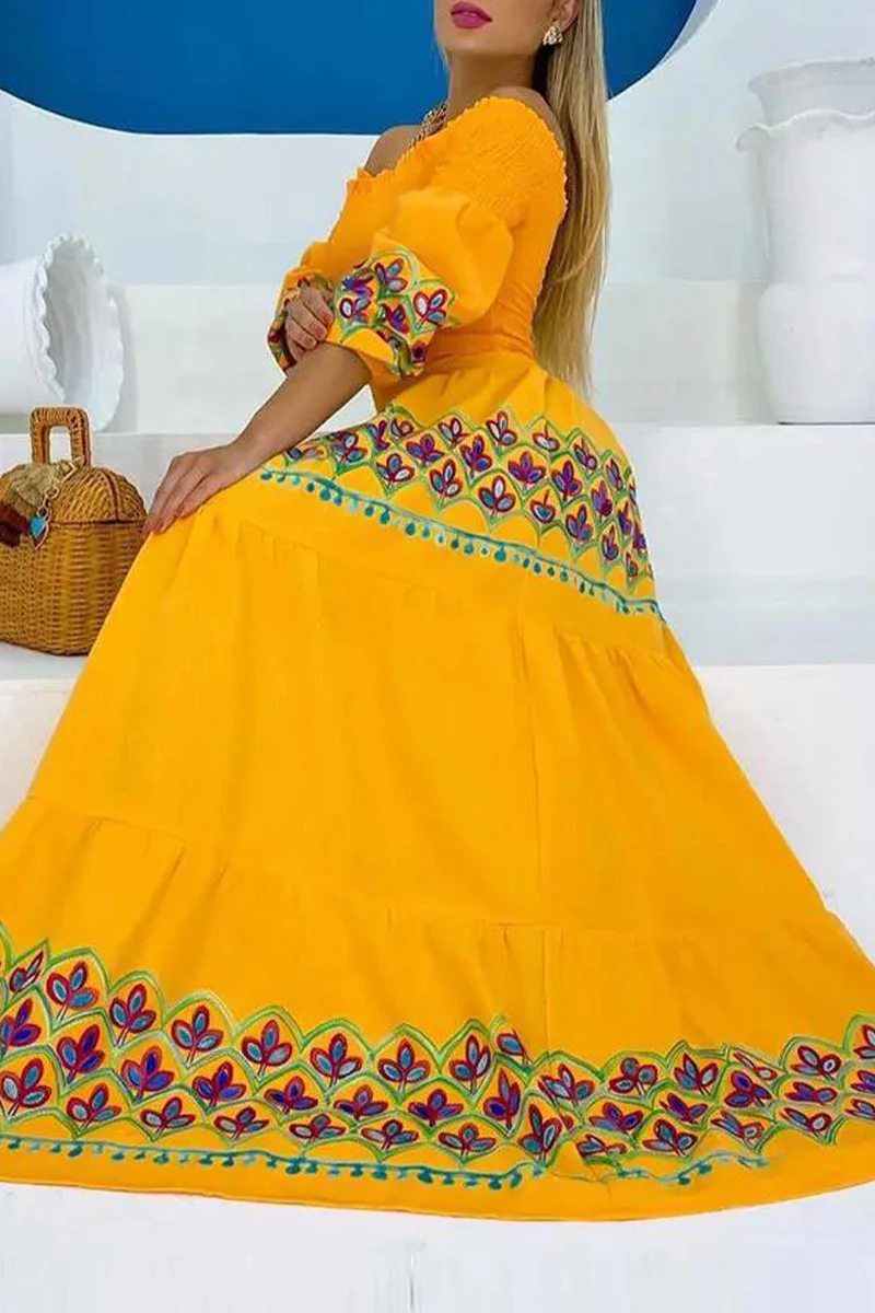 Bohemian Geometric Print Off the Shoulder Printed Dress Dresses - Panekey