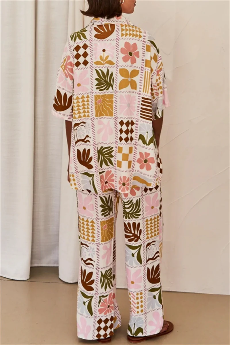 Casual Floral Print Basic Turndown Collar Short Sleeve Two Pieces - Panekey