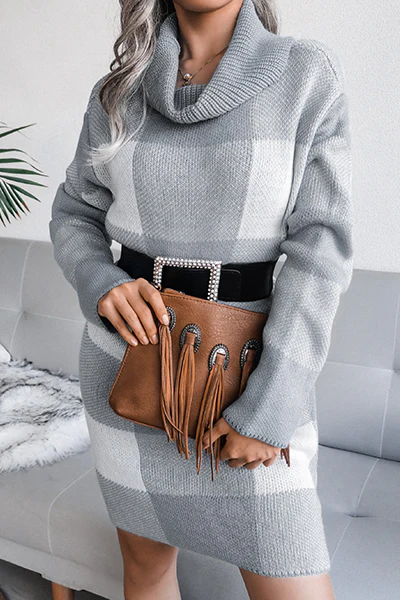 Casual Plaid Split Joint  Contrast Turtleneck Pencil Skirt Dresses Sweater (Without Belt) - Panekey