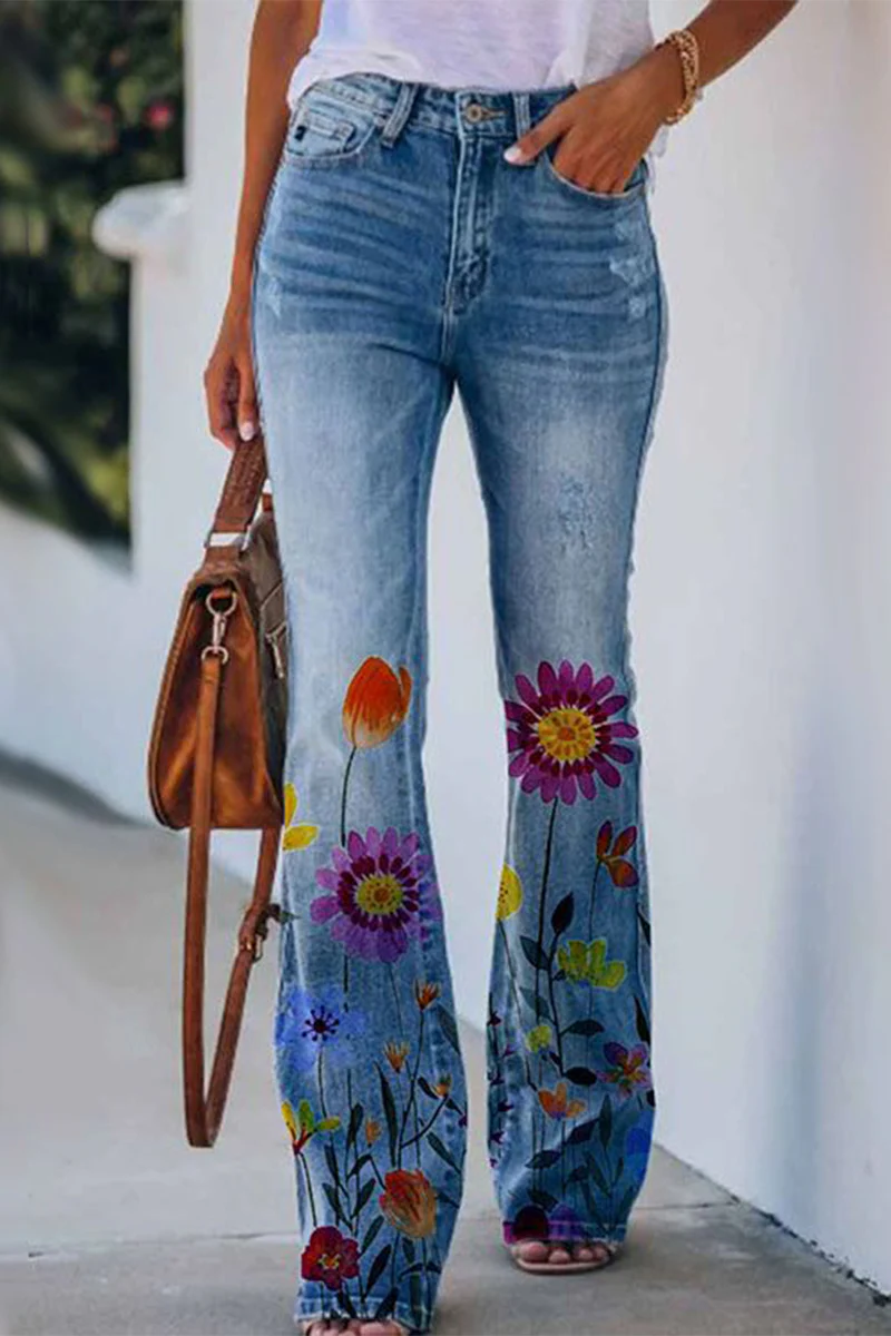 Casual Floral Pocket Regular Denim Jeans(9 Colors) - Panekey