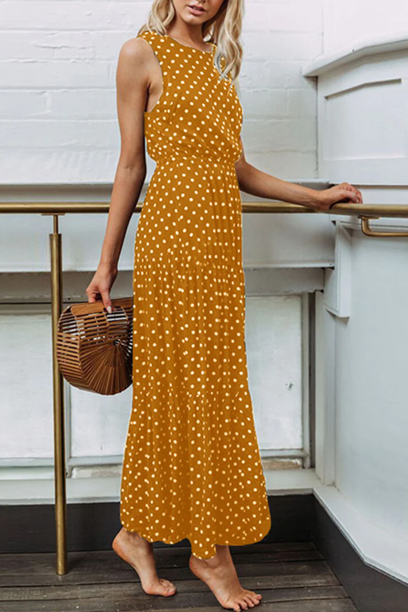 Casual Dot Patchwork O Neck Waist Skirt Dresses(4 Colors) - Panekey