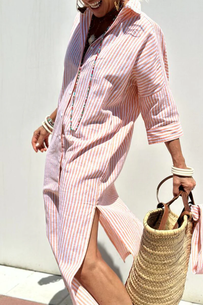 Casual Geometric Print Lace Up Buttons Turndown Collar Shirt Dresses(5 Colors) - Panekey