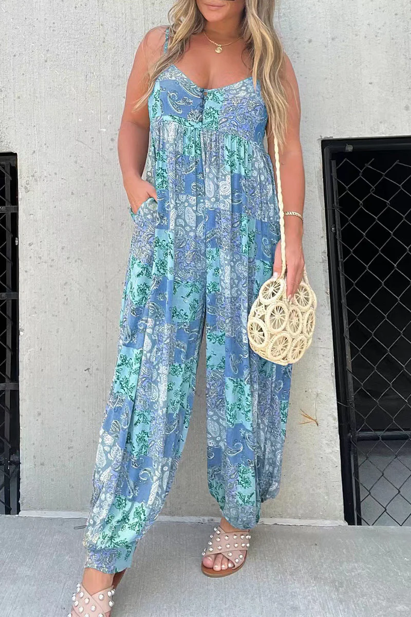 Casual Floral Pocket V Neck Loose Jumpsuits - Panekey