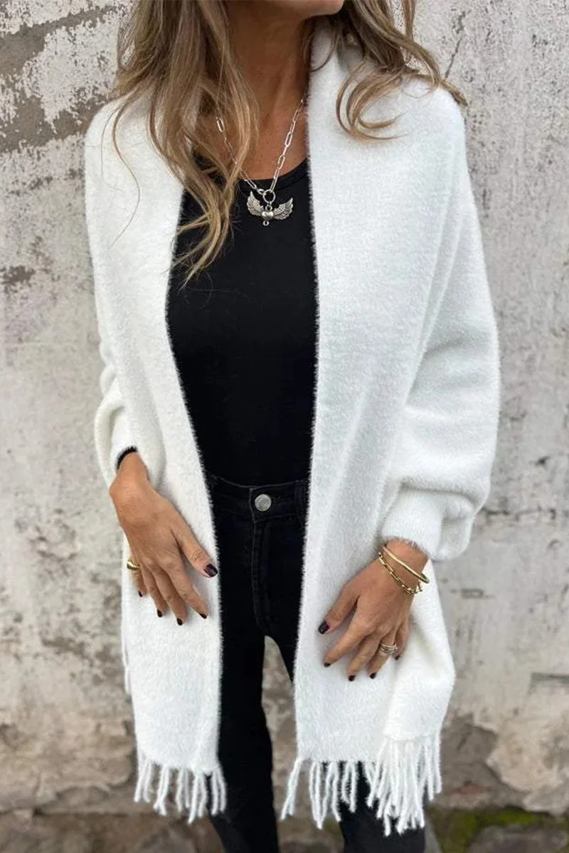 Casual Fringed Trim Fluffy Shawl Collar Outerwear(3 Colors) - Panekey