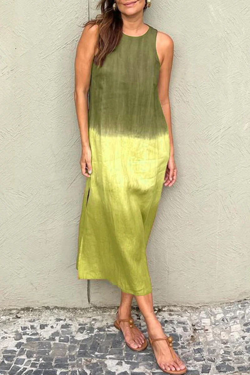 Casual Gradient Slit O Neck Long Dresses(8 Colors) - Panekey