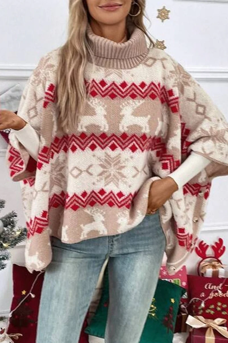 Casual Party Wapiti Snowflakes Weave Contrast Turtleneck Sweaters - Panekey