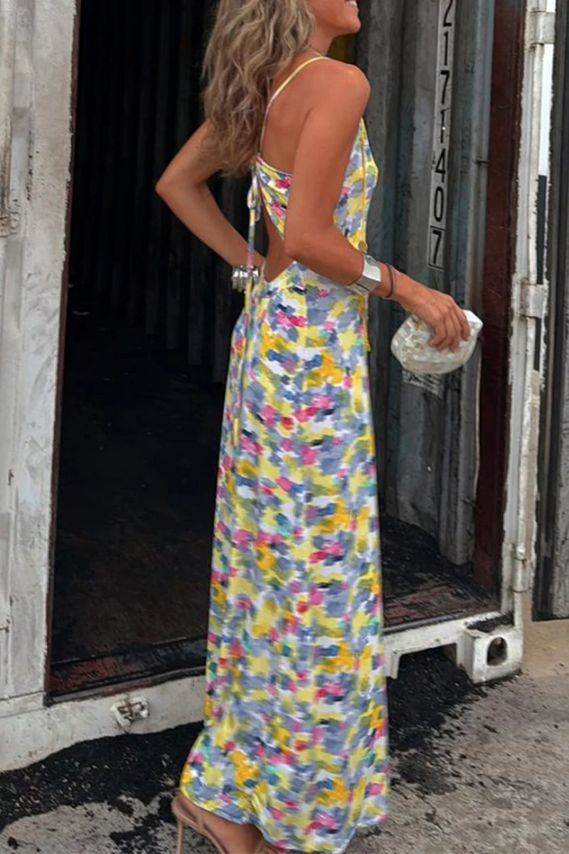 Casual Geometric Print Backless Contrast V Neck One Step Skirt Dresses(Two ways to wear) - Panekey