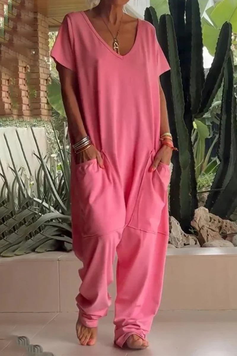 Casual Daily Solid Color Pocket V Neck Loose Jumpsuits(8 Colors) - Panekey