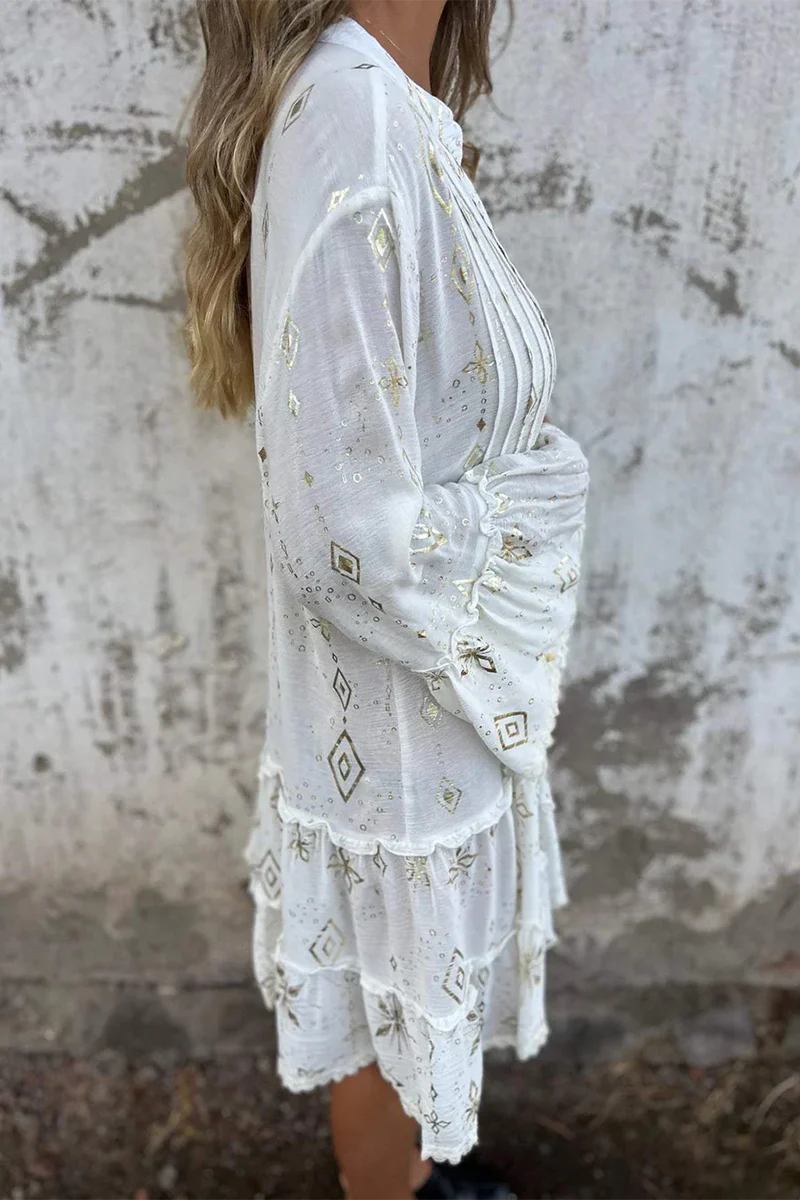 Casual Bronzing Pattern Patchwork Ruffle Contrast Button Collar A Line Dresses - Panekey