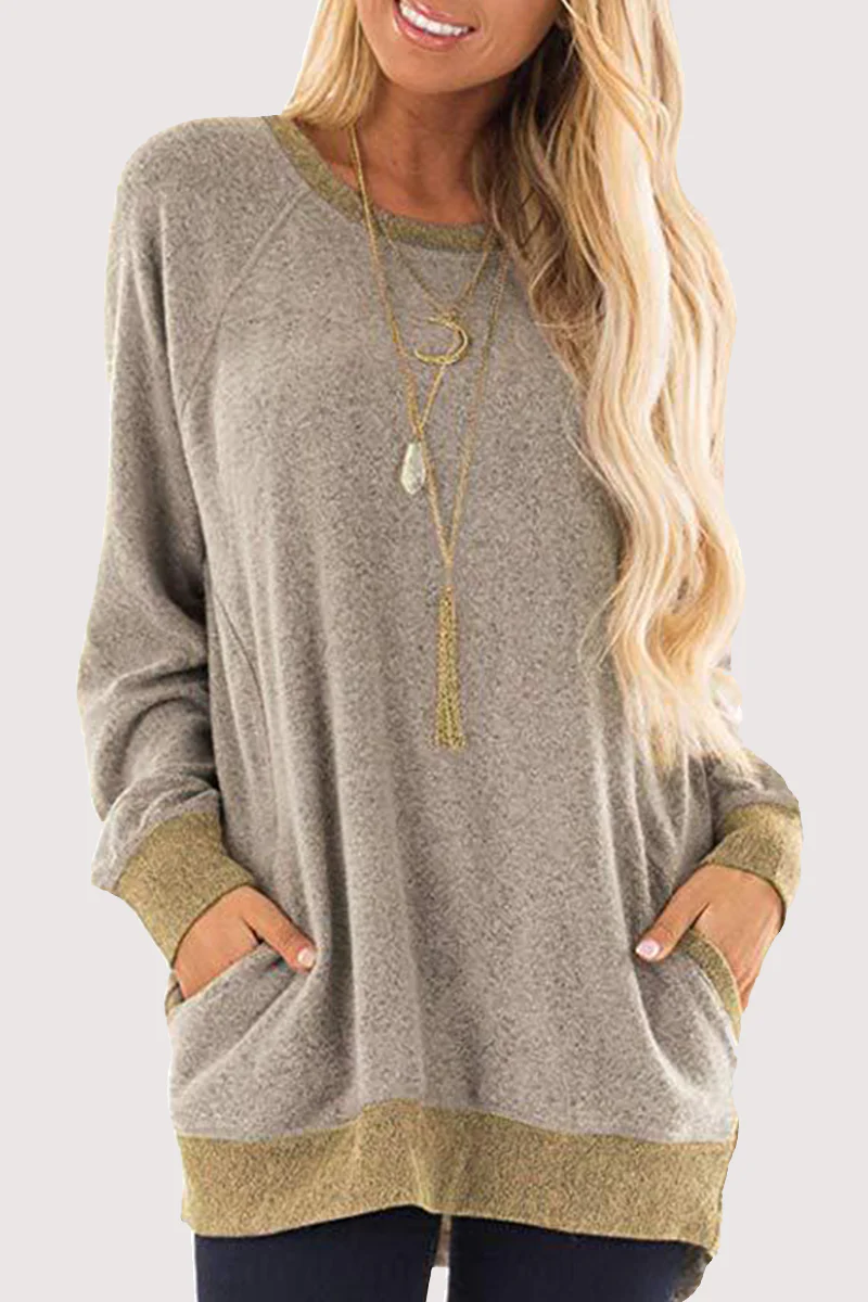 Casual Patchwork Pocket O Neck Tops - Panekey