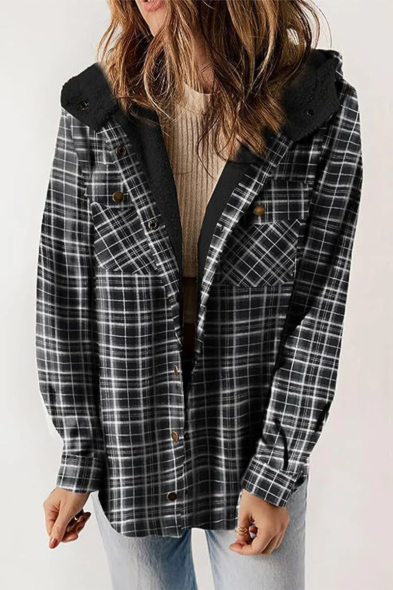 Casual Plaid Pocket Fluffy Contrast Hooded Outerwear(7 Colors) - Panekey