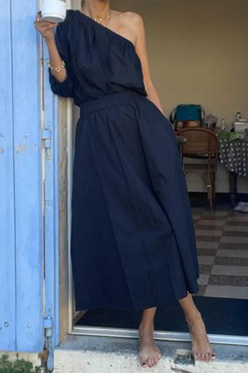 Casual Elegant Solid Color Pocket Irregular Oblique Collar Half Sleeve Two Pieces - Panekey