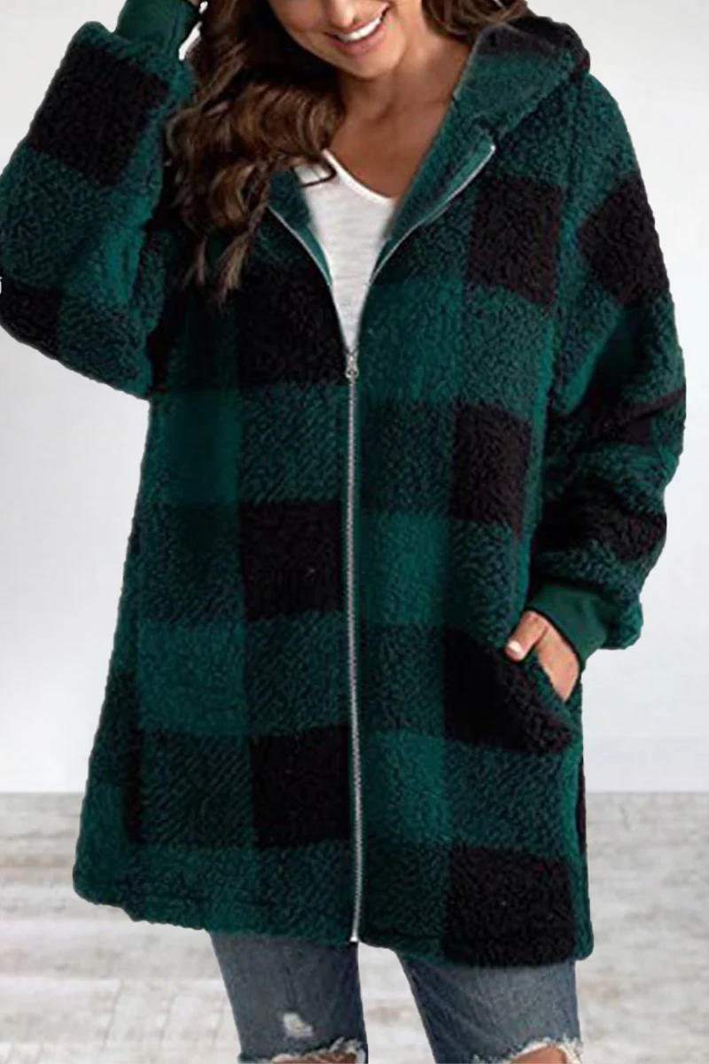Casual Plaid Frenulum Contrast Zipper Hooded Collar Outerwear - Panekey
