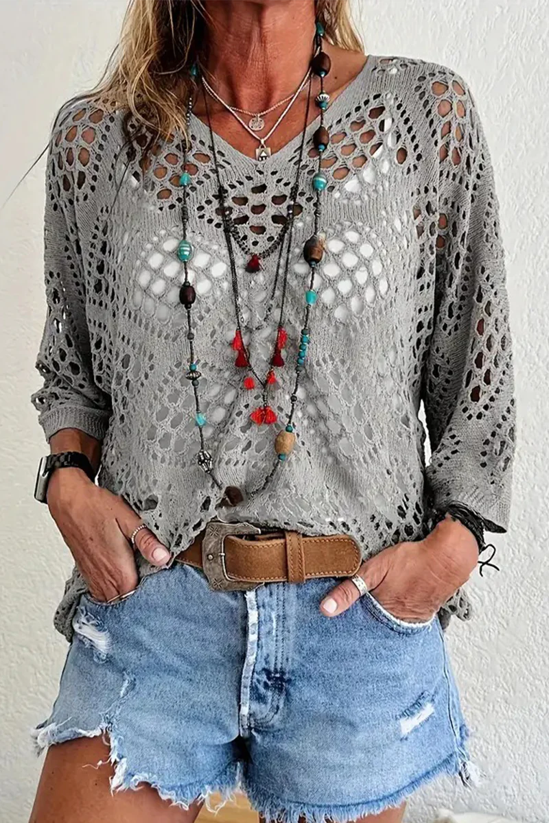 Casual Daily Solid Color Hollow Out V Neck Sweaters(5 Colors) - Panekey