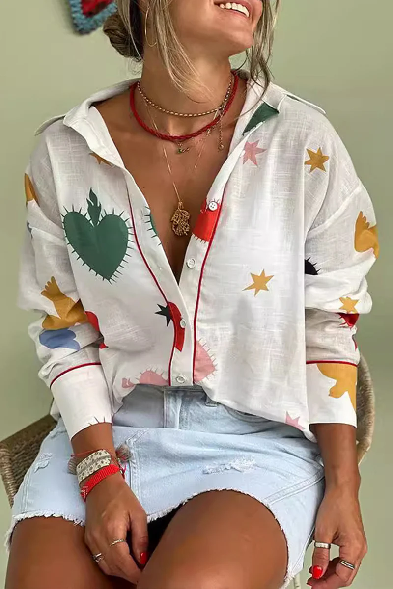 Casual Daily Graffiti Print Buttons Turndown Collar Blouses - Panekey