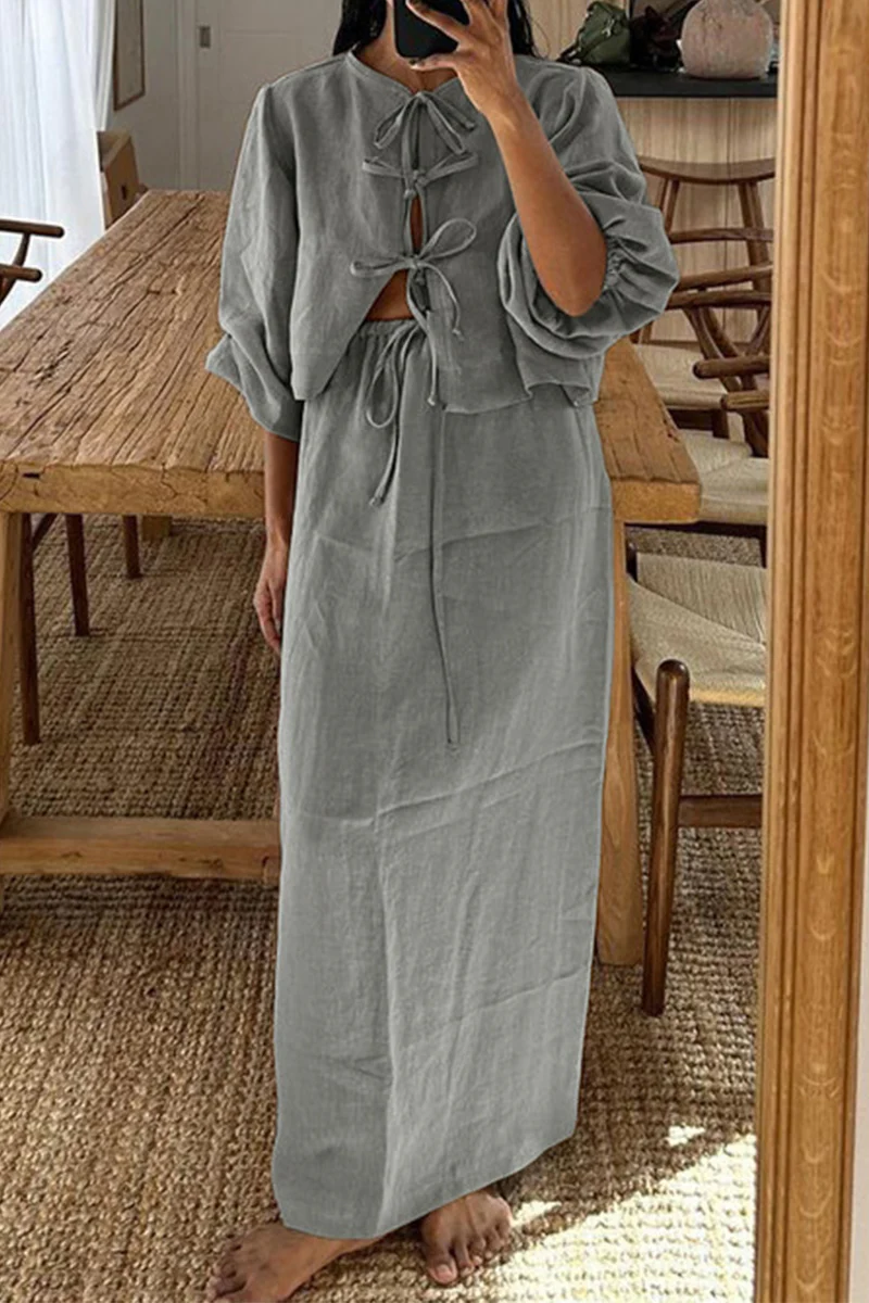 Casual Daily Solid Color Lace Up O Neck Long Sleeve Two Pieces - Panekey