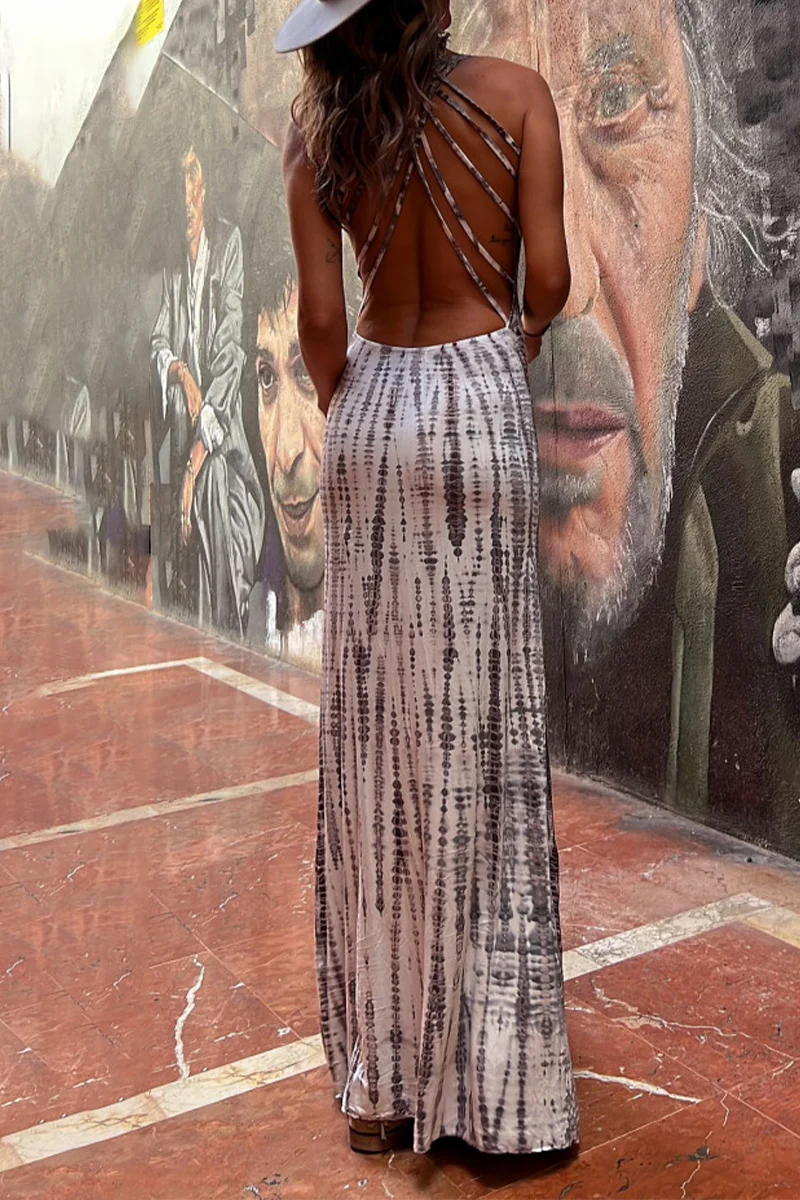 Bohemian Vacation Geometric Print Backless Halter One Step Skirt Dresses - Panekey