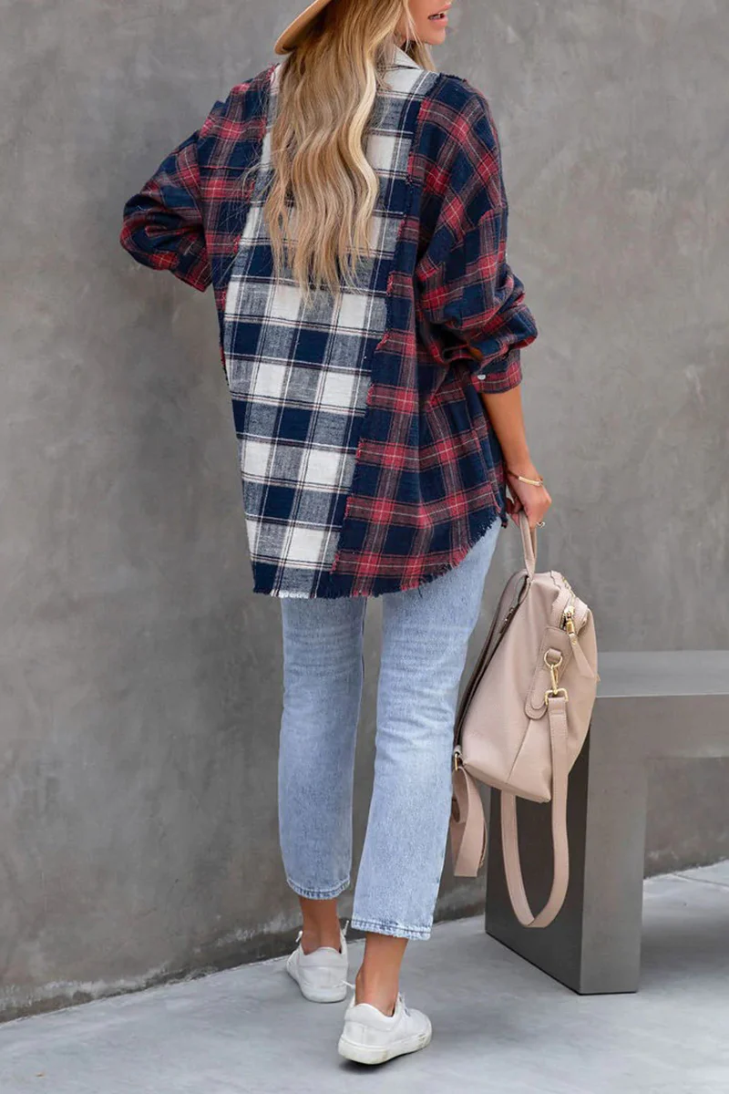 Casual Plaid Patchwork Turndown Collar Tops - Panekey
