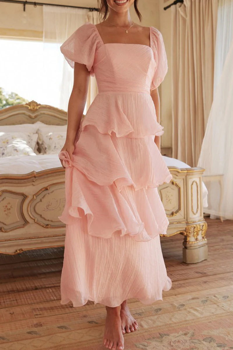 Casual Backless Flounce Square Neck Cake Skirt Dresses - Panekey