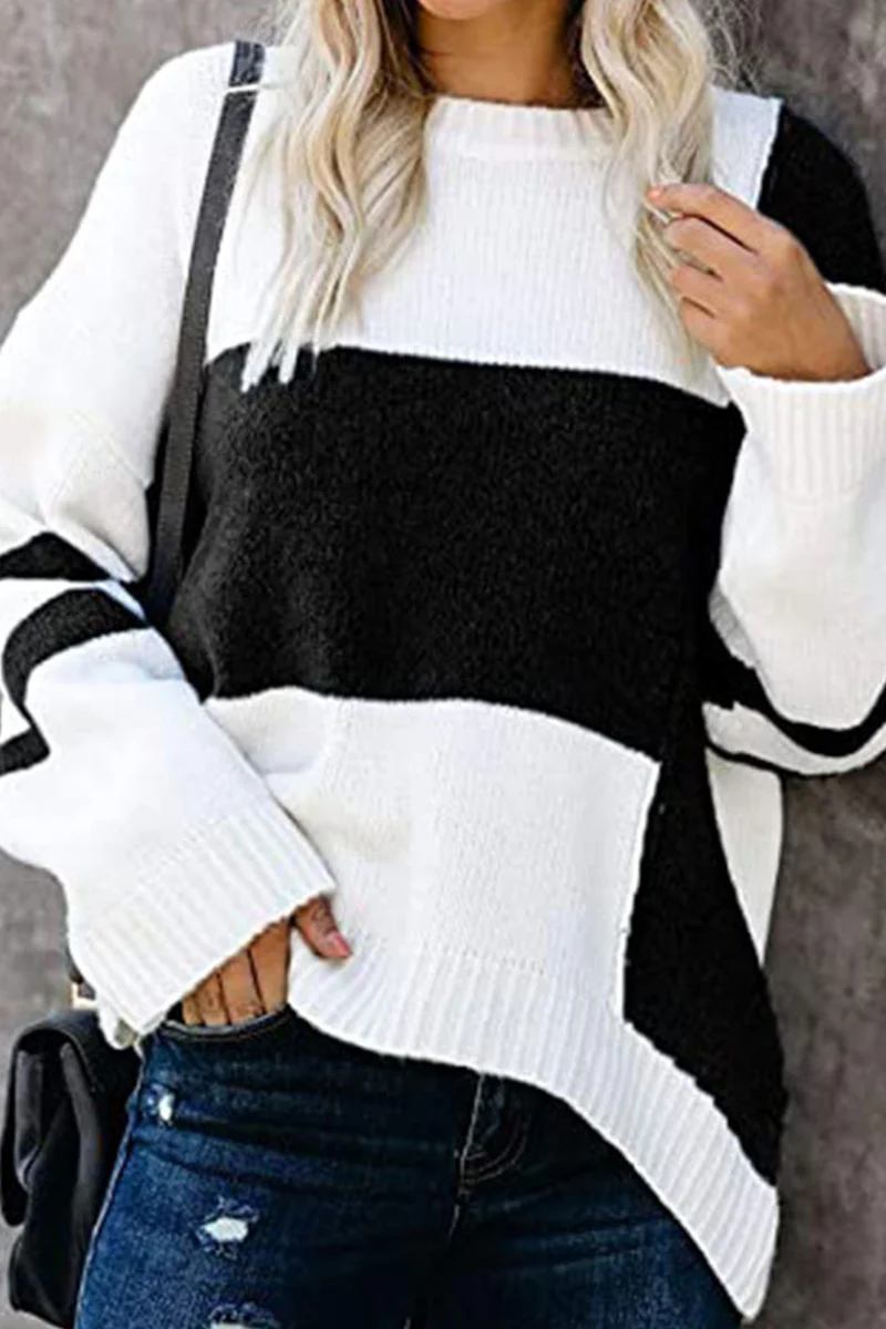 Casual Patchwork  Contrast O Neck Tops Sweater - Panekey