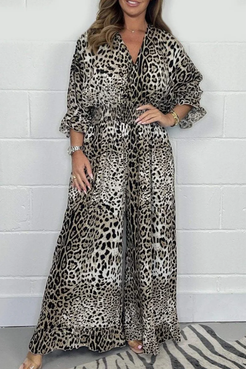 Casual Leopard Contrast V Neck Loose Jumpsuits(4 Colors) - Panekey