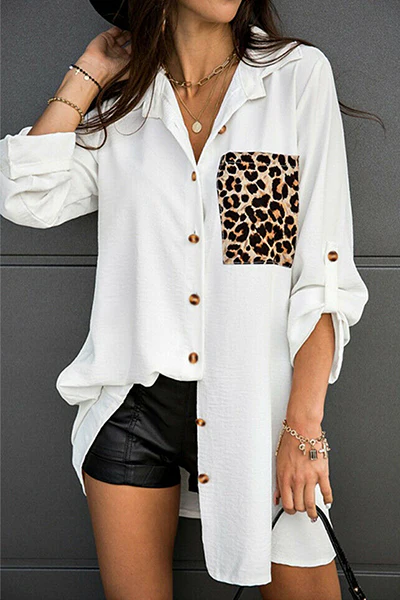 Casual Leopard Split Joint Buckle Turndown Collar Tops - Panekey
