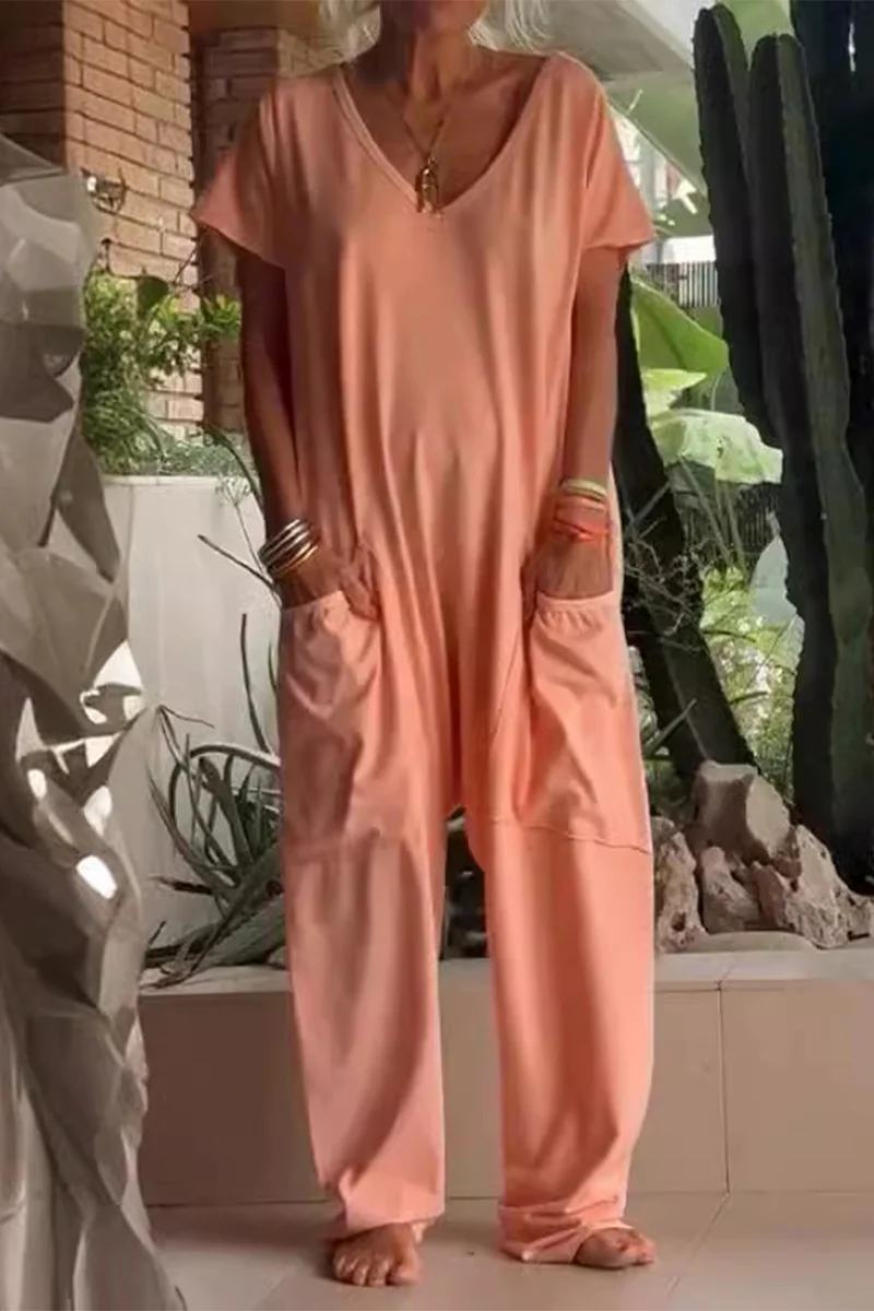 Casual Daily Solid Color Pocket V Neck Loose Jumpsuits(8 Colors) - Panekey