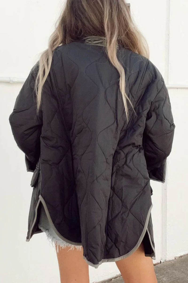 Casual Color Block Buckle Contrast O Neck Outerwear - Panekey