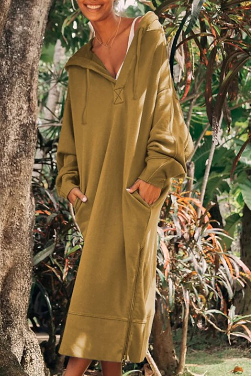Casual Daily Pocket Slit Hooded Long Sleeve Dresses(4 Colors) - Panekey