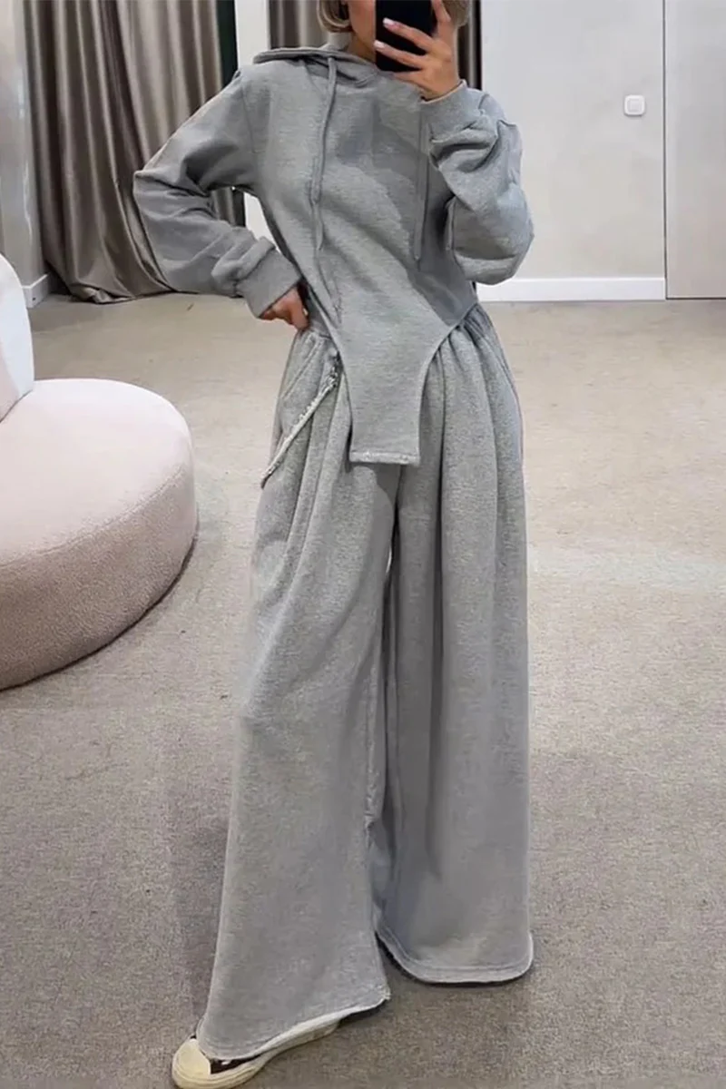 Casual Draw String Pocket Hooded Long Sleeve Two Pieces - Panekey