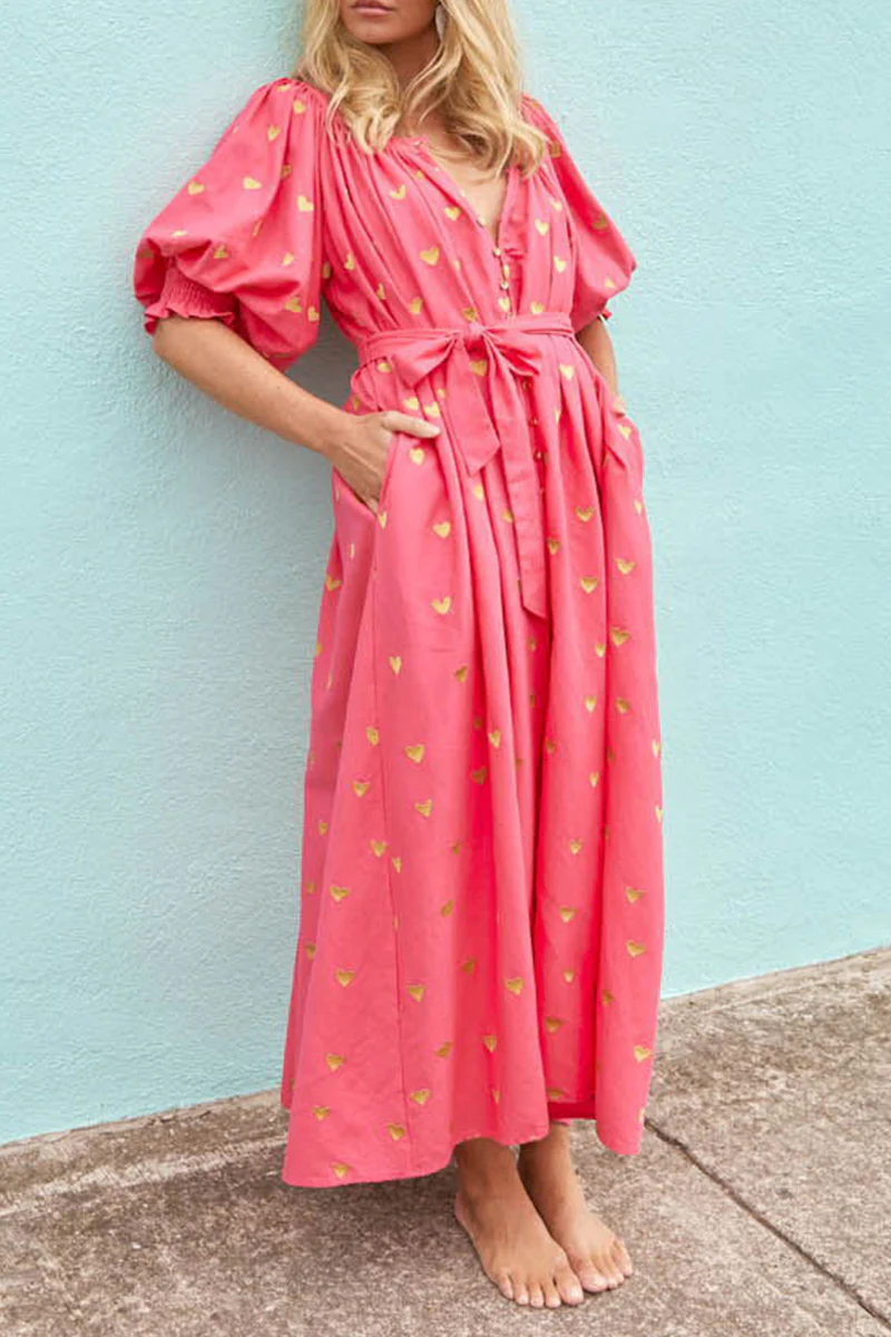 Casual Love Print Pocket Frenulum V Neck A Line Dresses - Panekey