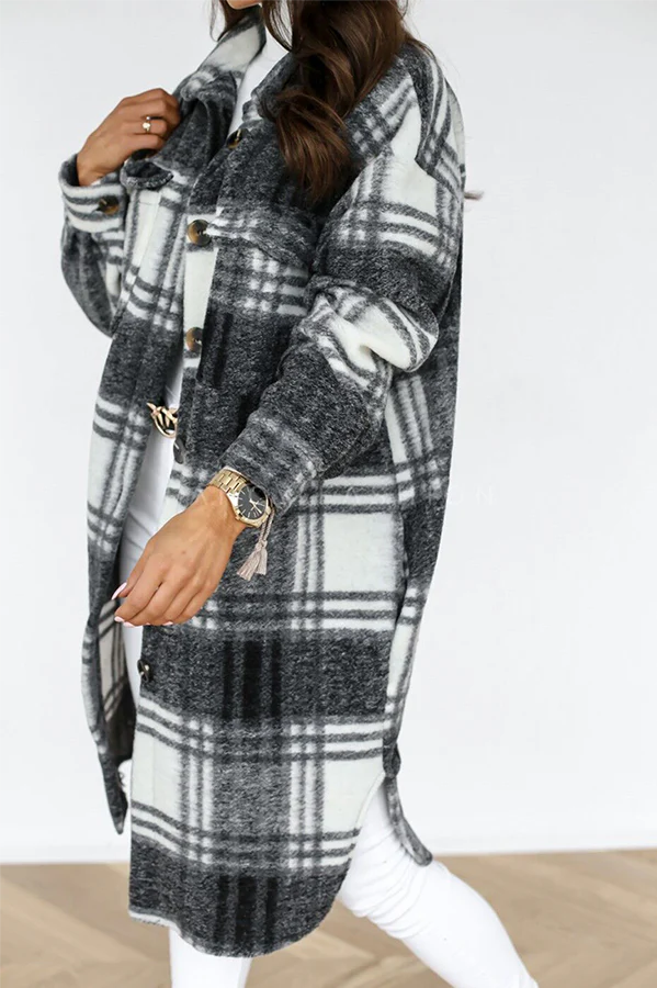 Casual Elegant Plaid Pocket Buckle Turndown Collar Outerwear - Panekey