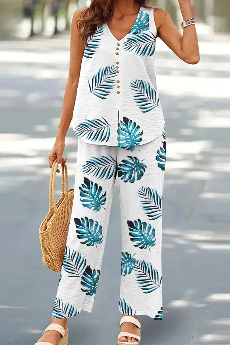 Casual Buttons V Neck Sleeveless Two Pieces(17 Colors) - Panekey