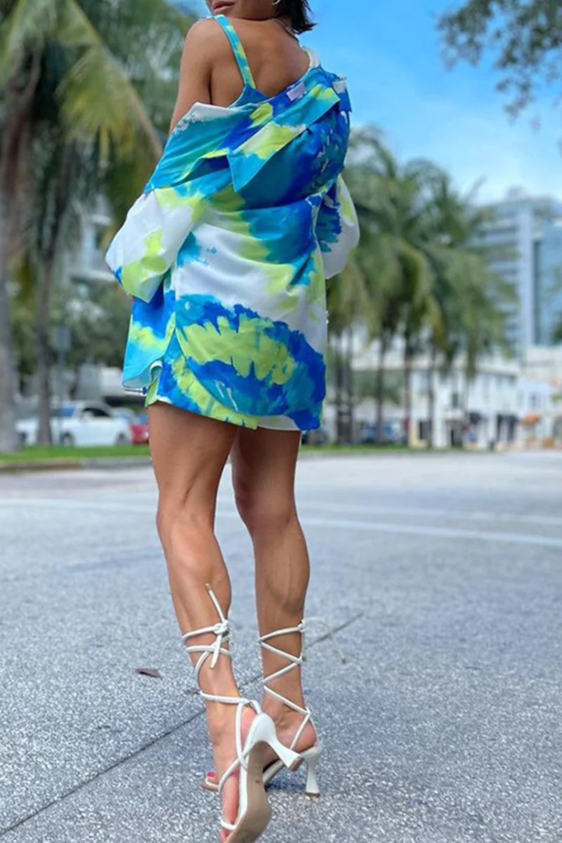 Casual Patchwork Tie-dye Turndown Collar Long Sleeve Three Pieces - Panekey