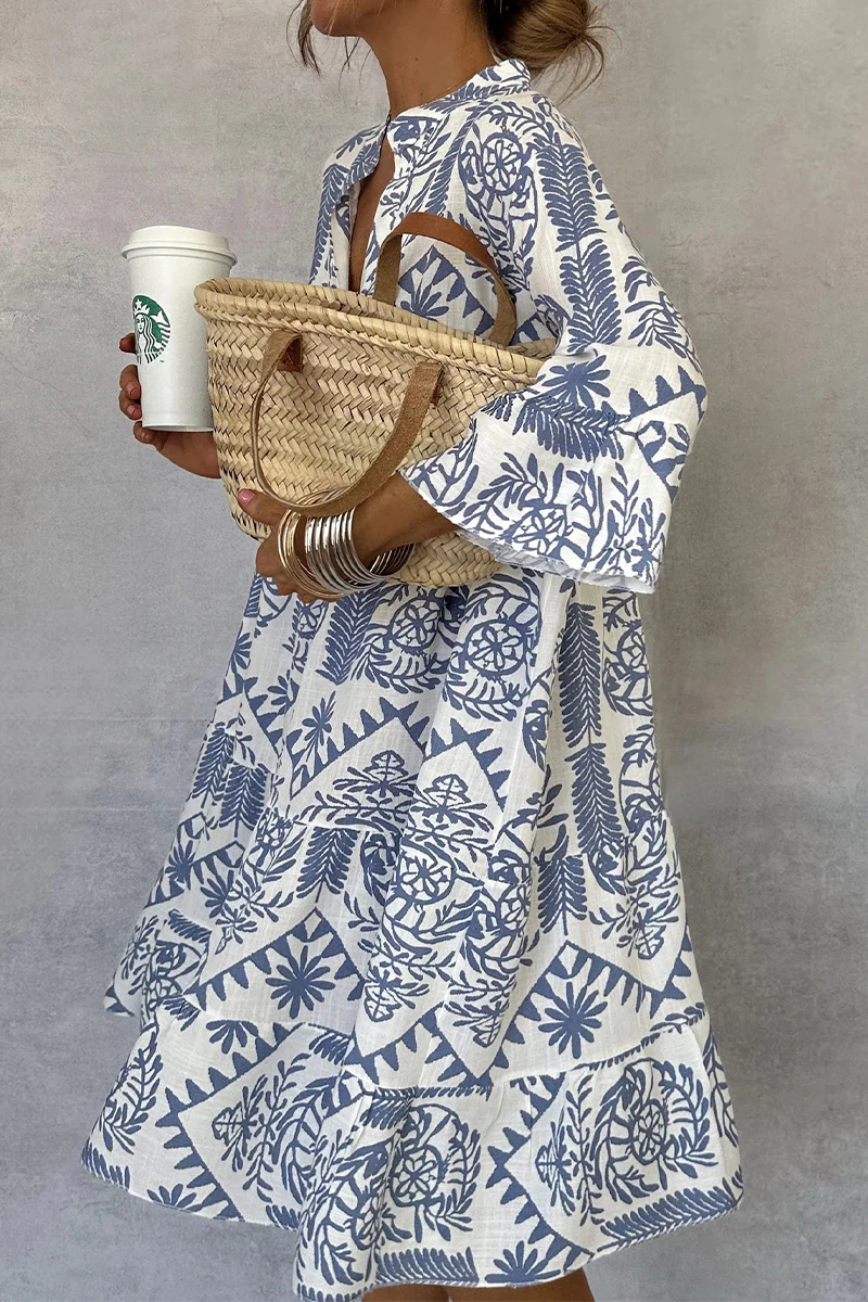 Casual Floral Print Patchwork V Neck A Line Dresses - Panekey