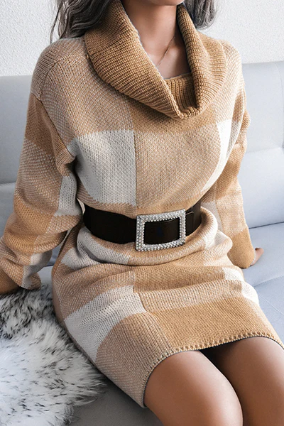 Casual Plaid Split Joint  Contrast Turtleneck Pencil Skirt Dresses Sweater (Without Belt) - Panekey