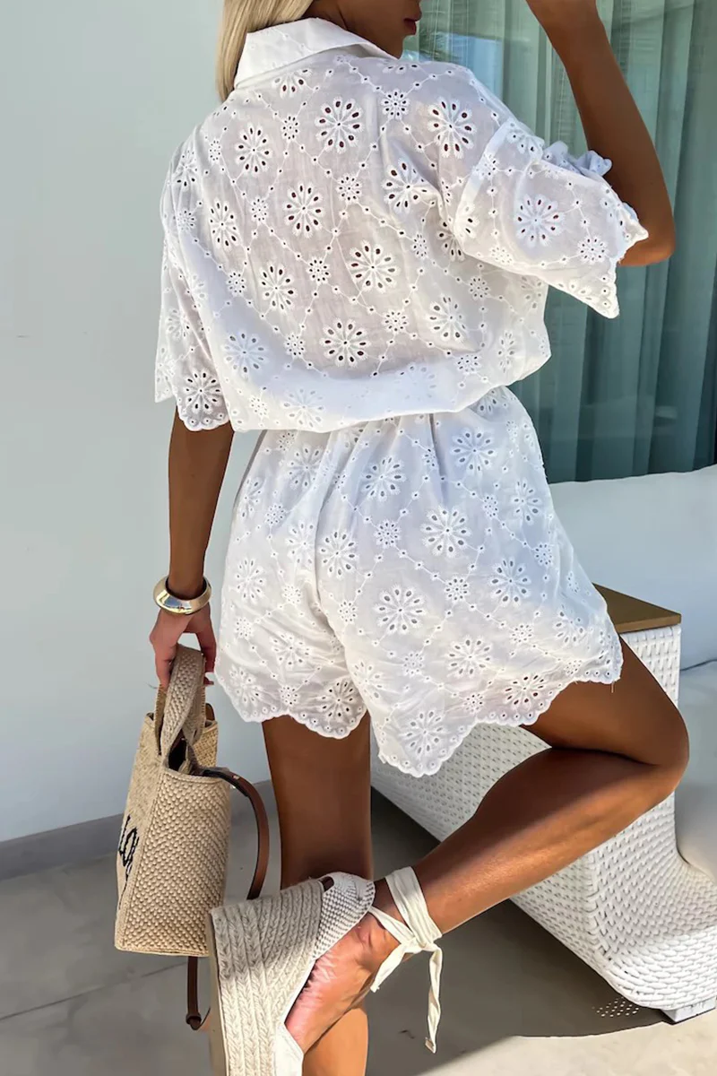 Casual Embroidered Hollow Out Turndown Collar Loose Rompers - Panekey