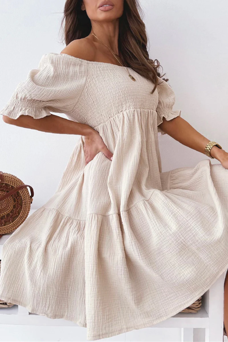 Casual Elegant Solid Patchwork Flounce Off the Shoulder A Line Dresses(3 Colors) - Panekey