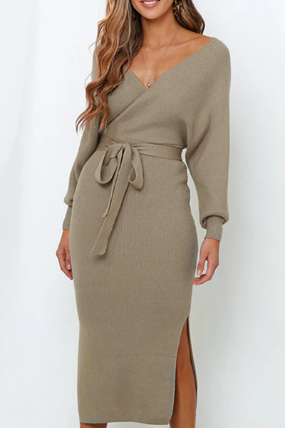 Casual Elegant Solid Backless Slit Strap Design V Neck Pencil Skirt Dresses - Panekey