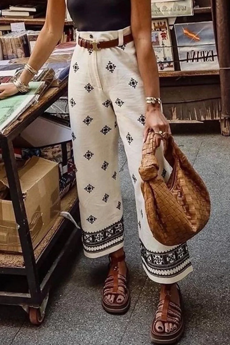 Casual Colorblock Print Pocket Loose High Waist Straight Full Print Bottoms - Panekey