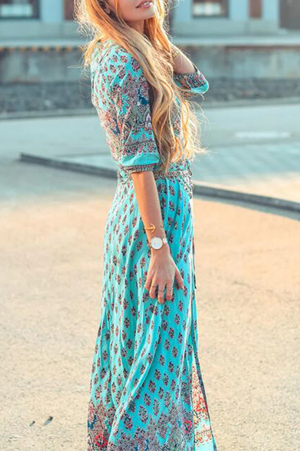 Bohemian Print Buckle Slit V Neck Dresses(7 Colors) - Panekey